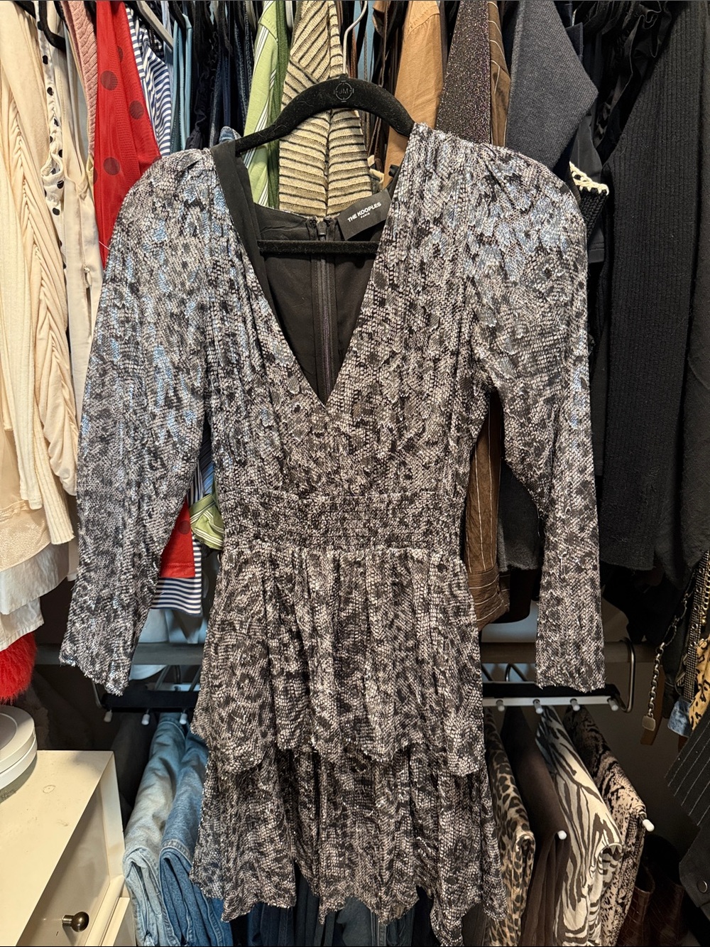 The Kooples Black and Gray Textured V-Neck Tiered Mini Dress